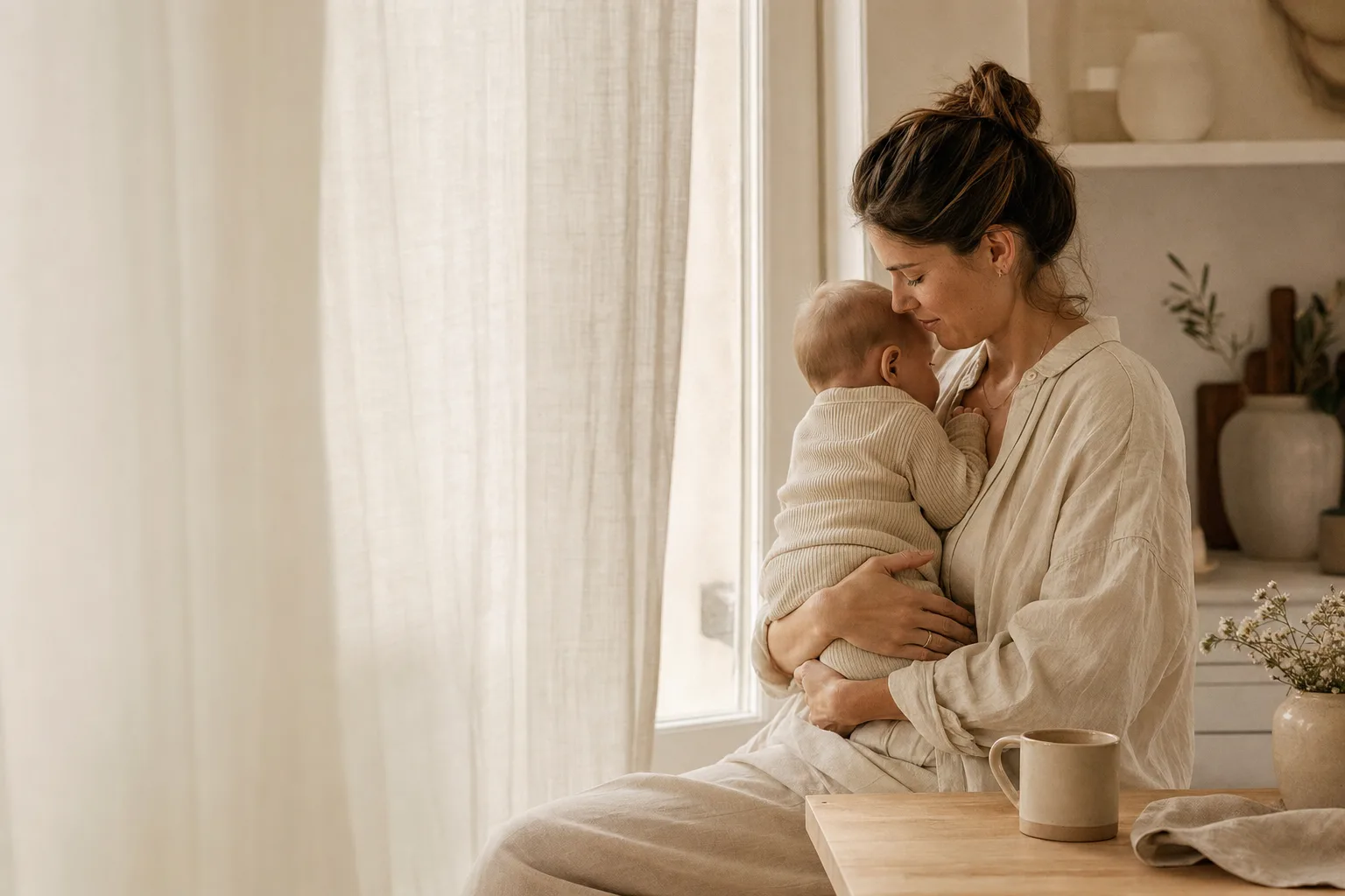 Mama hält Baby in warmem Tageslicht am Fenster