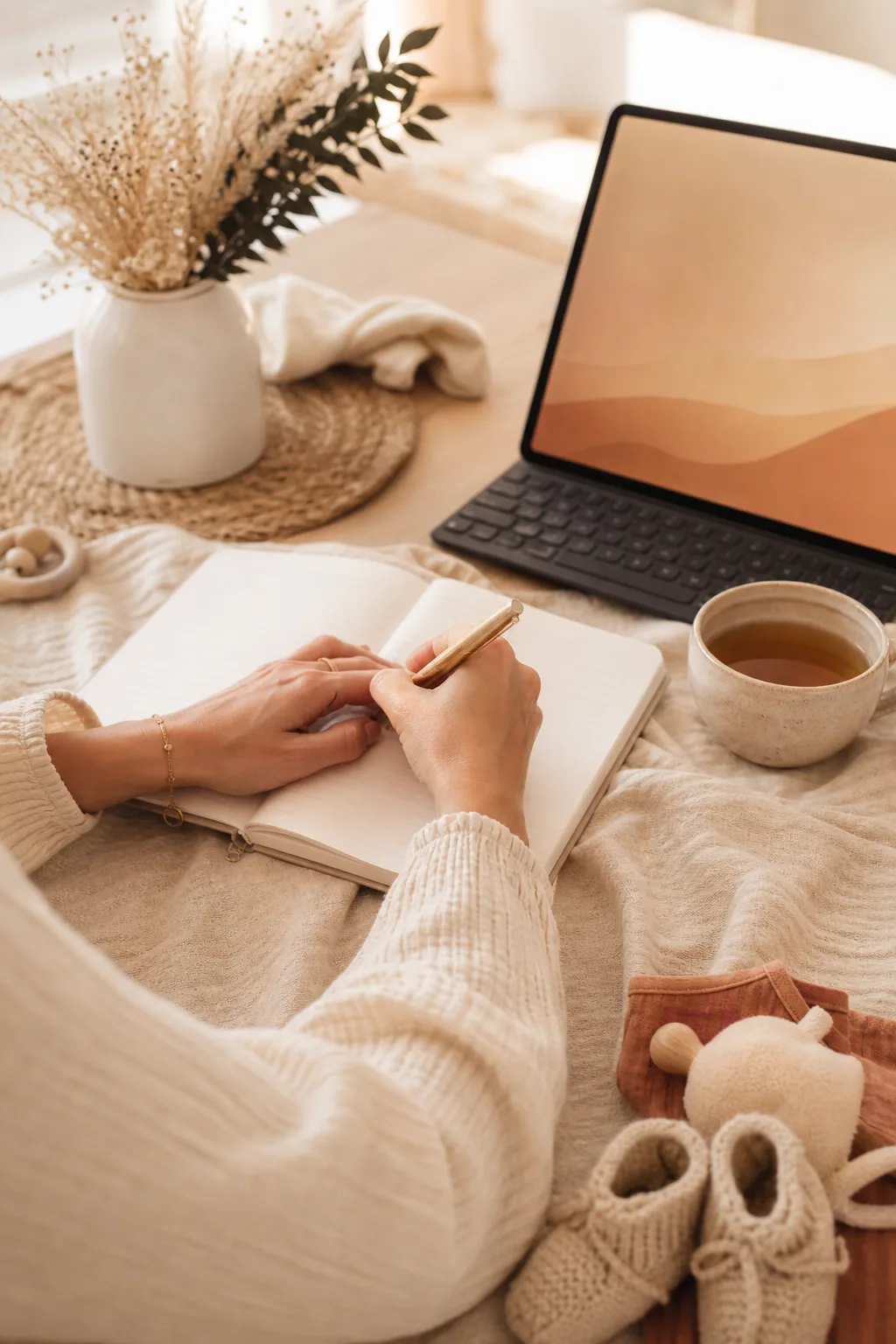 Ruhiger Schreibmoment mit Journal, Tee und Tablet in warmem Licht